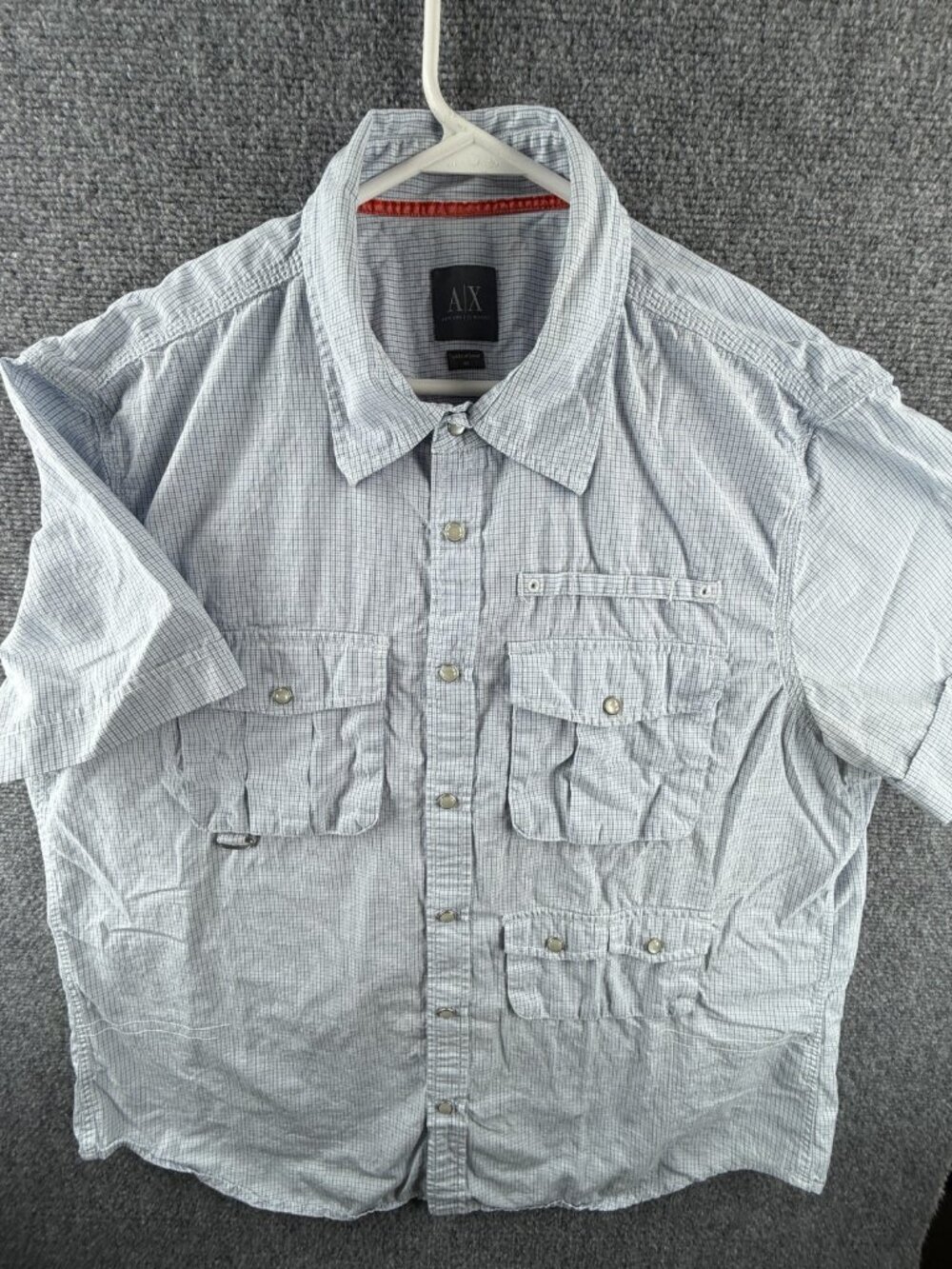 Armani Cotton Check XL Blue Short Sleeve Button Up Shirt Cargo Pockets Fishing